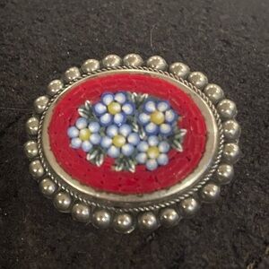 Antique Floral Silver and Red Brooch